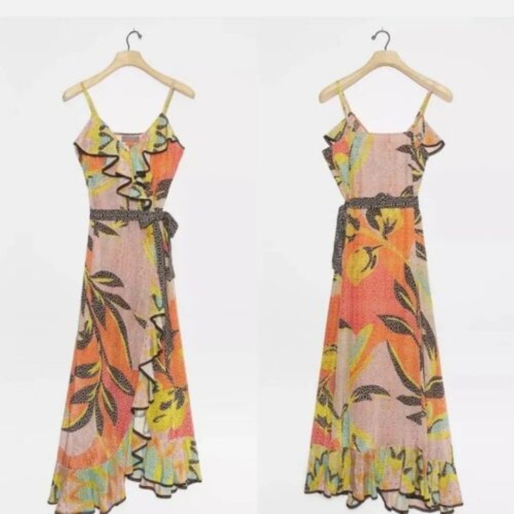 Anthropologie Orange and Green Leaf-Print Midi Dress - Picture 2 of 7